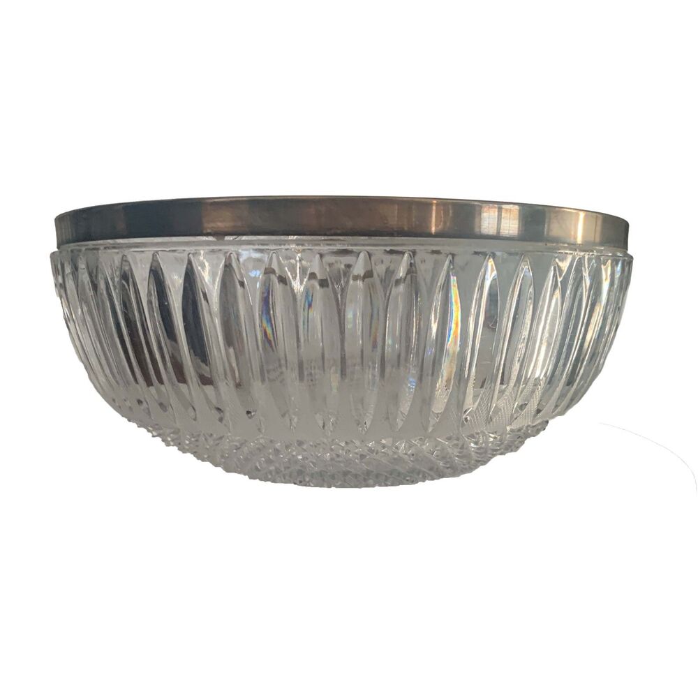 Vintage Cut Glass Serving Bowl with Brass Metal Rim – Decorative & Heavy